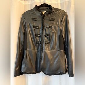 Chicos Faux Leather Military Jacket Black Size Medium Stretch Panels
